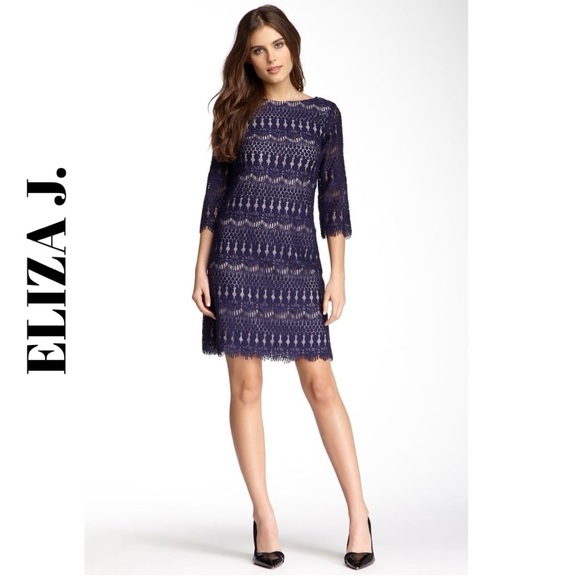 Eliza J. Lace Crochet Sheath Formal Dress Blue Purple Boat Neck 3/4 Sleeves 8 - Picture 1 of 10